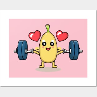 a kawaii cute banana lifting dumbles with red hearts Posters and Art